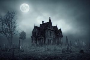 haunted house, halloween, graveyard, moon, night, spooky, creepy, gothic house, horror, mysterious, ai generated